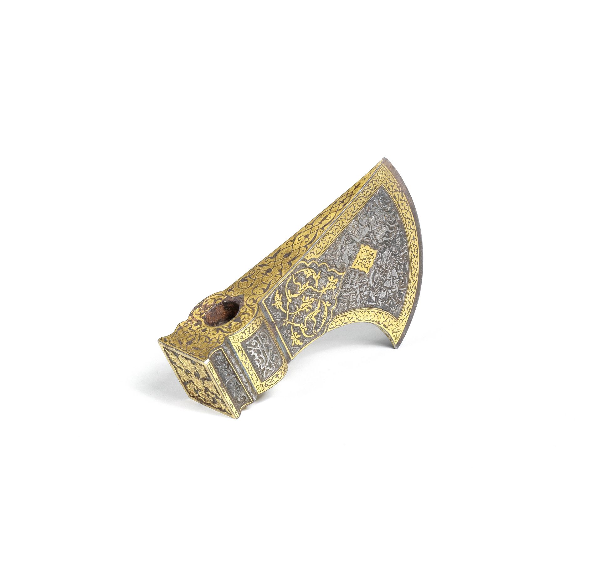 A fine Afsharid gold-damascened steel axe head (tabar) Persia, dated AH 1174/AD 1760-61