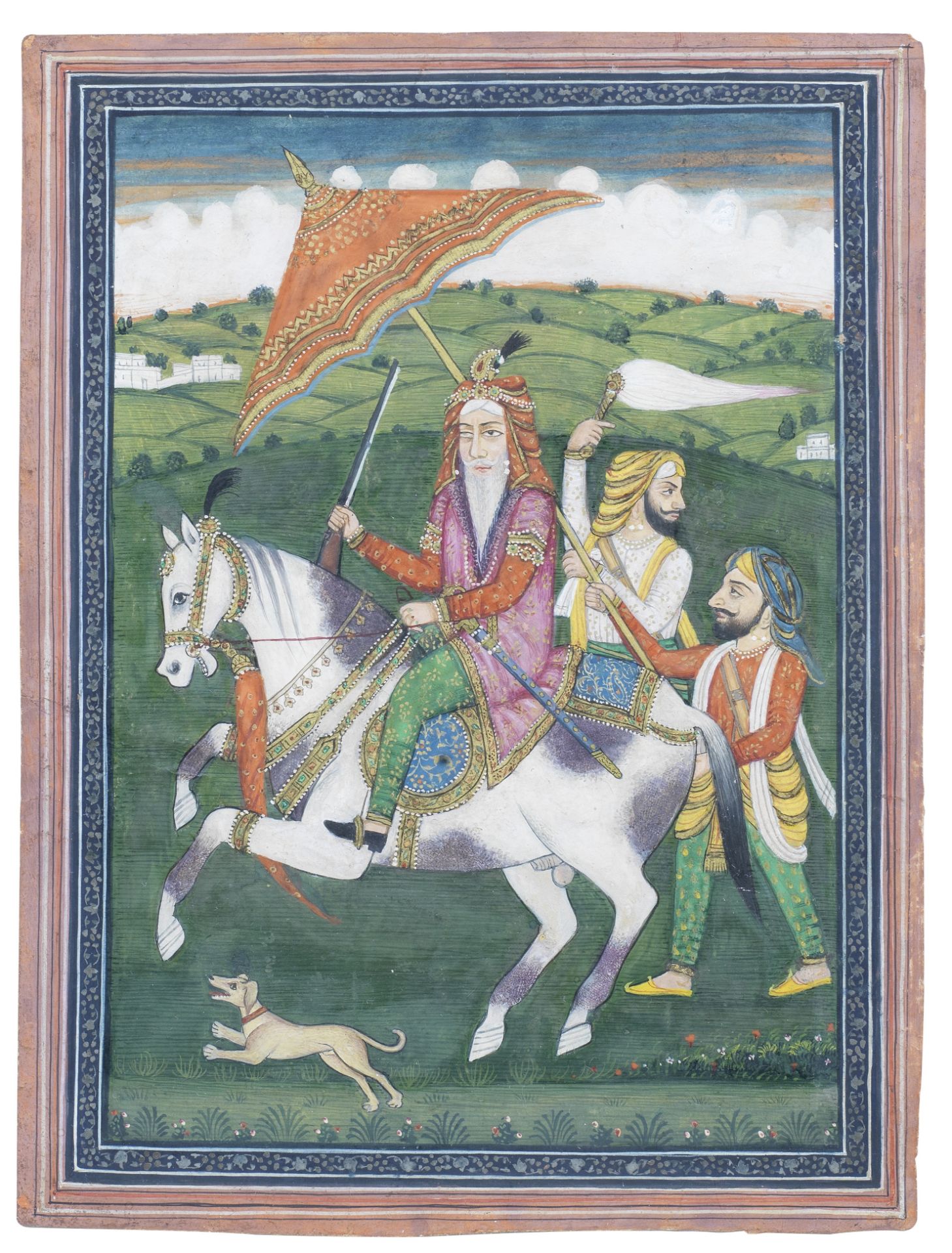 Maharajah Ranjit Singh on horseback with two attendants alongside on foot Punjab Plains, second h...