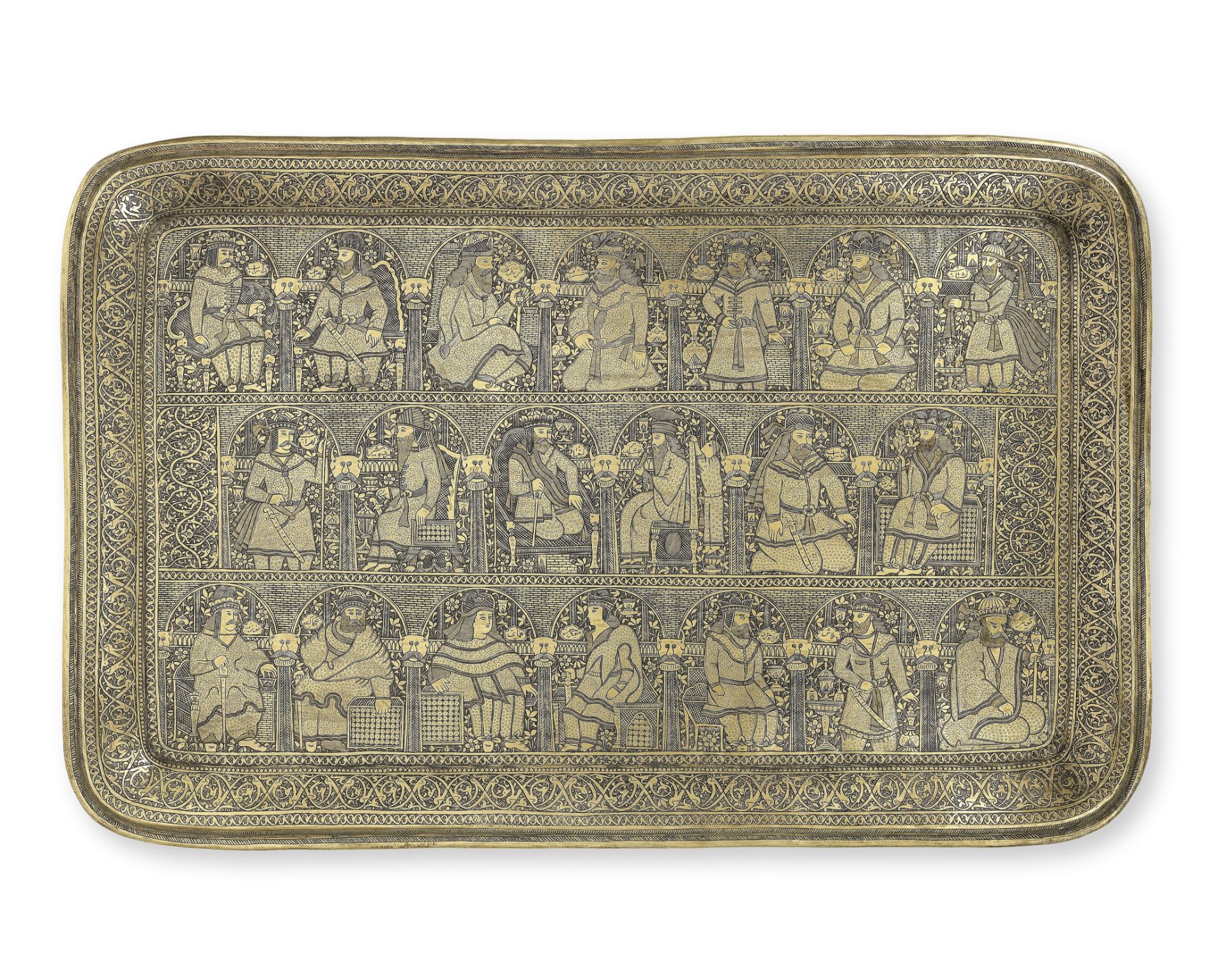 A large Qajar brass tray depicting twenty kings from Firdausi's Shahnama Persia, 19th/ 20th Century