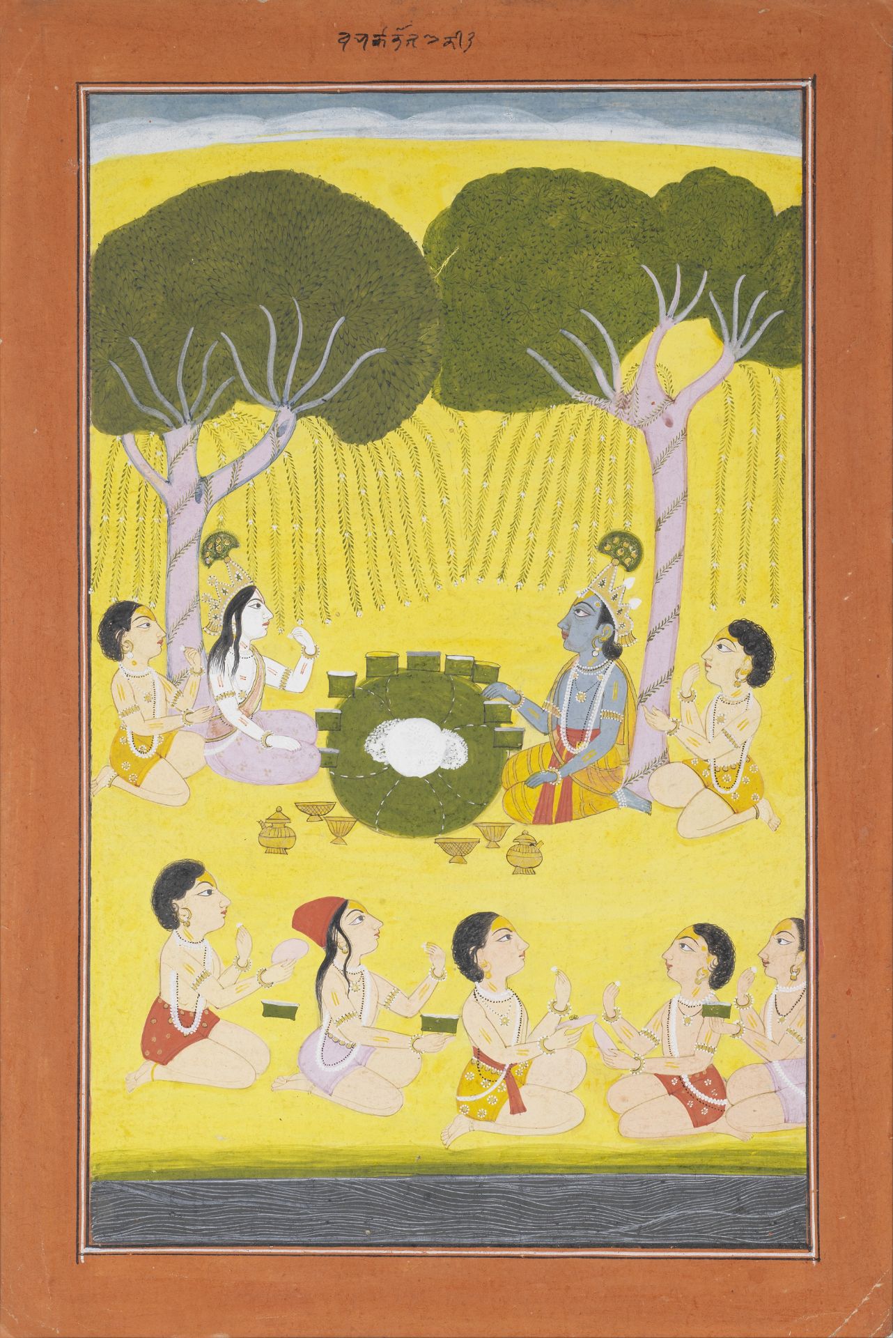 Radha and Krishna feasting with gopis in the forest Chamba, 18th Century
