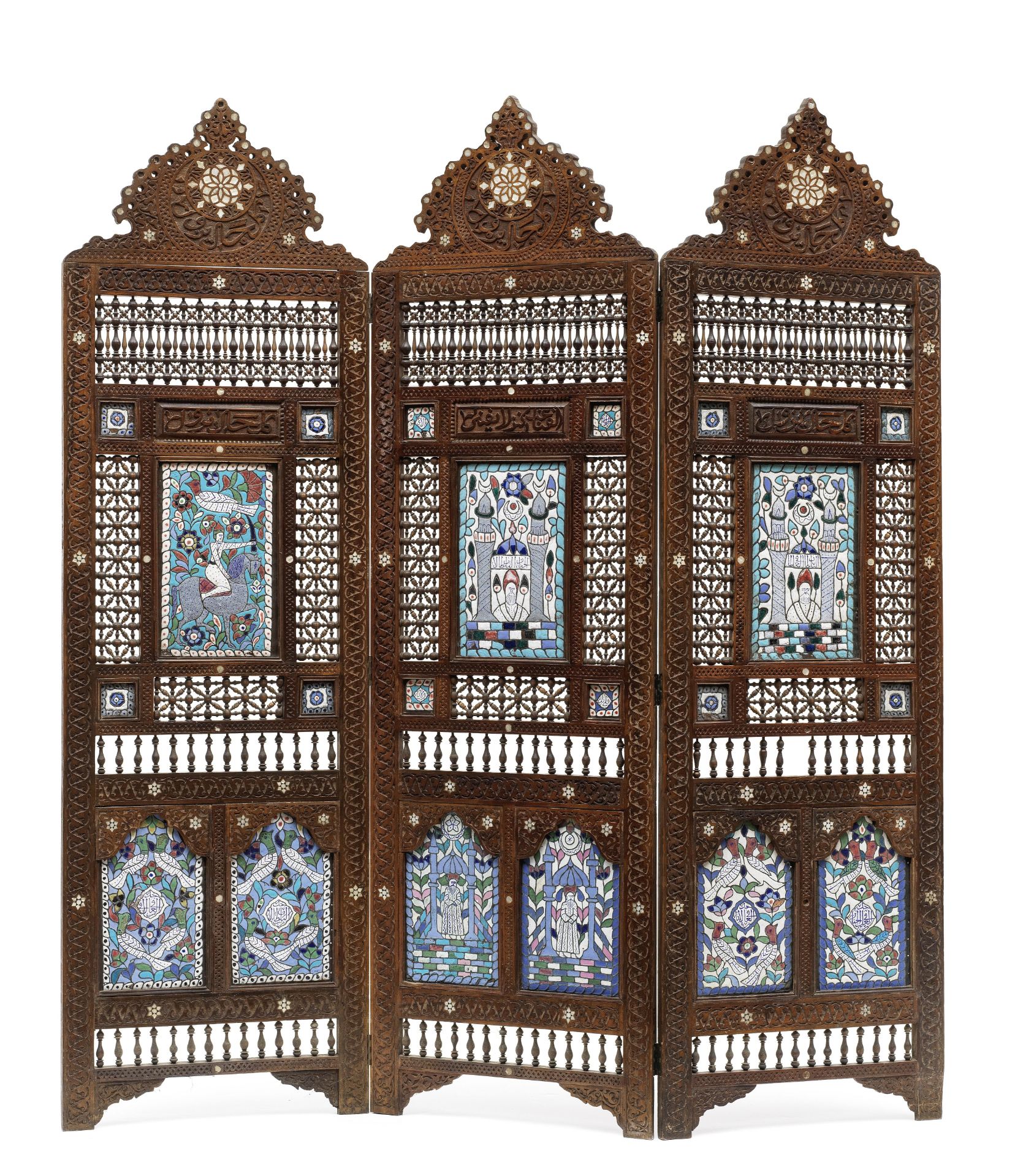 A three-section folding wood mashrabiyya screen with enamelled copper panels Syria, probably Dama...