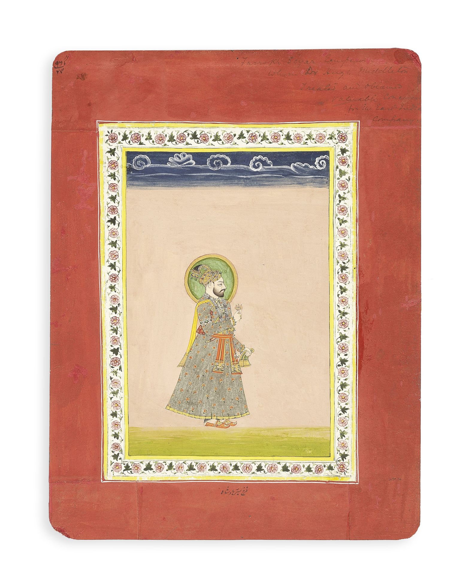 The Mughal Emperor Farrukhsiyar (reg. 1713-19) standing, holding a flower Jaipur, late 18th Century