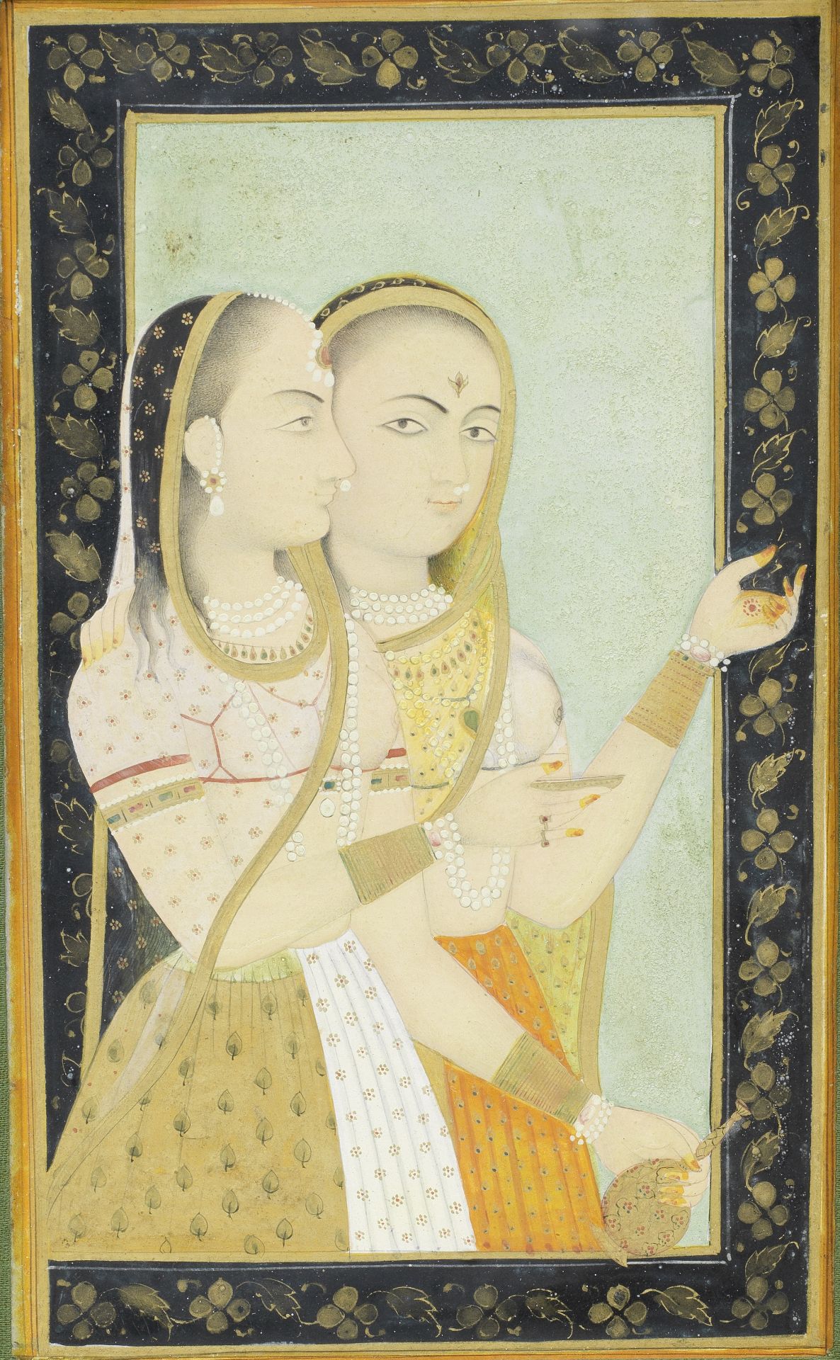 Two courtesans, one holding a wine cup and flask Mughal, circa 1760