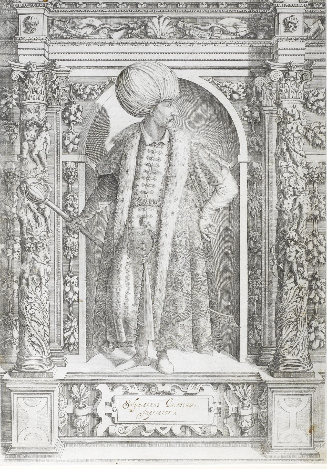 Sultan Suleyman the Magnificent (reg. 1520-66) Engraved by Dominicus Custos (d. 1615) after Giova...