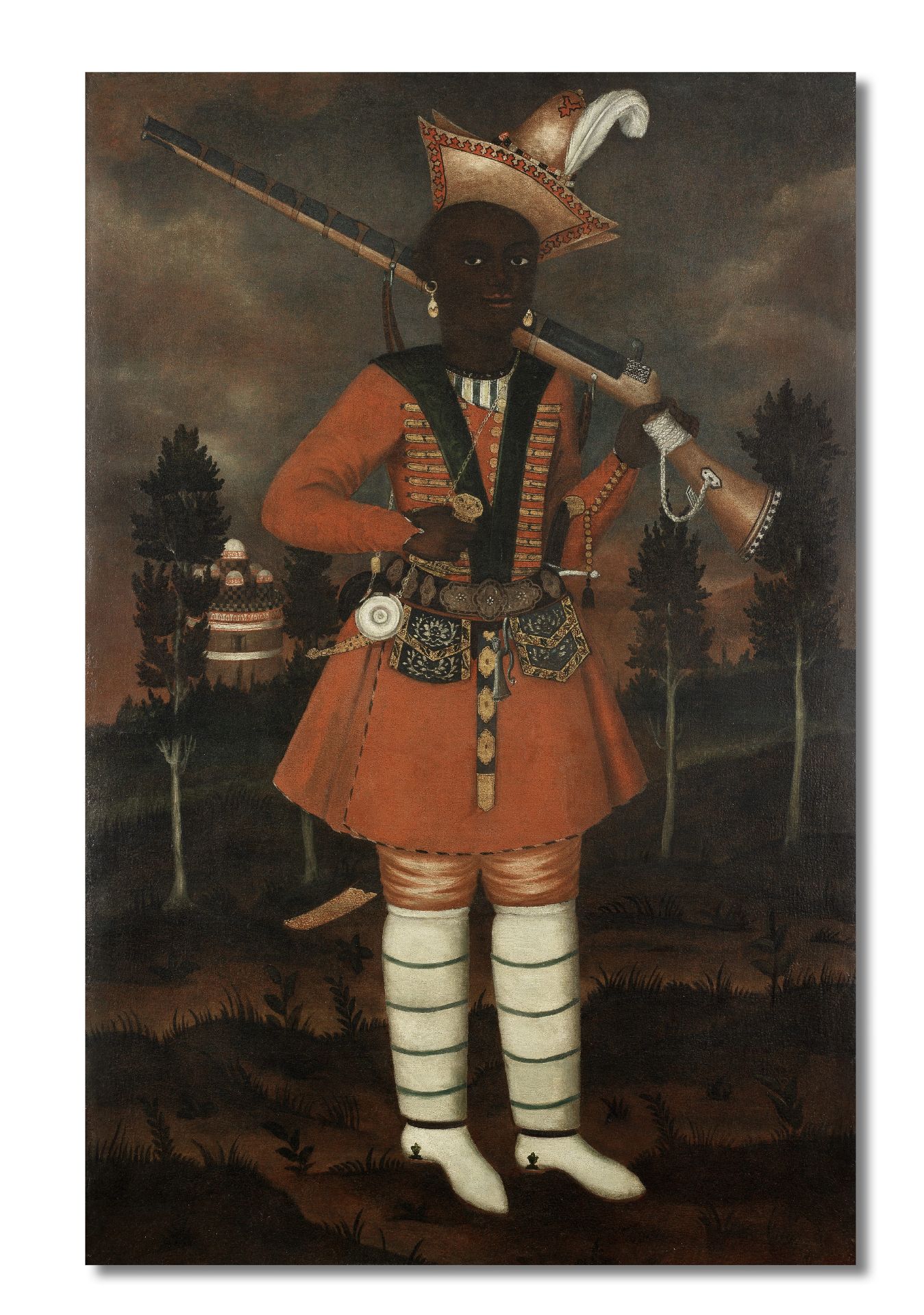 A rare Safavid oil painting of an African soldier Persia, Isfahan, circa 1680-90