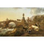 After Nicolaes Berchem, 18th Century Drovers with cattle and goats before a bridge