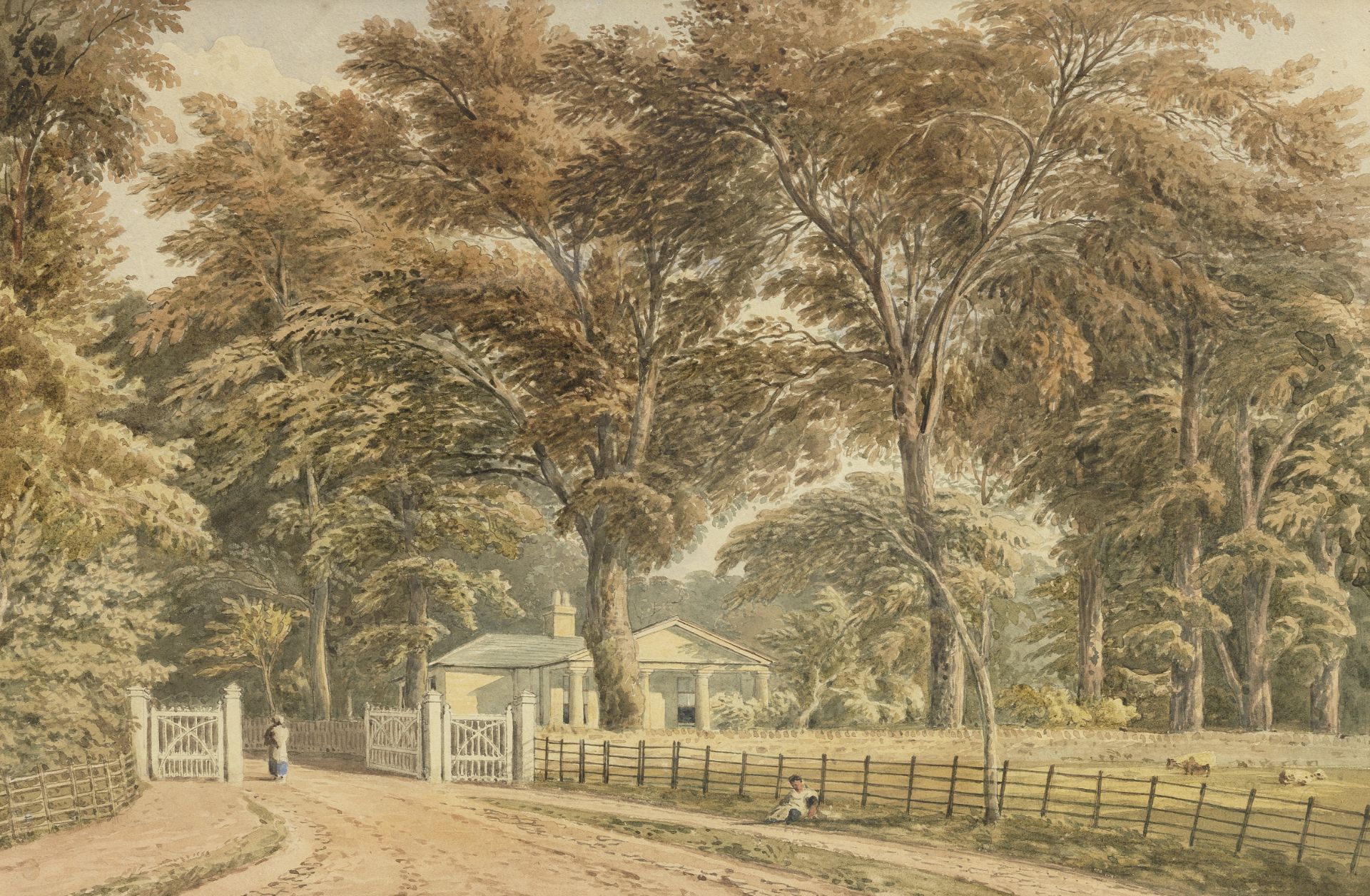 John Varley OWS (London 1778-1842) Figures by a gatehouse (together with a watercolour of A walle...