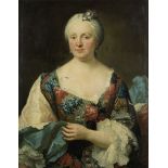 French School, mid 18th Century Portrait of a lady, half-length, in a flowered dress