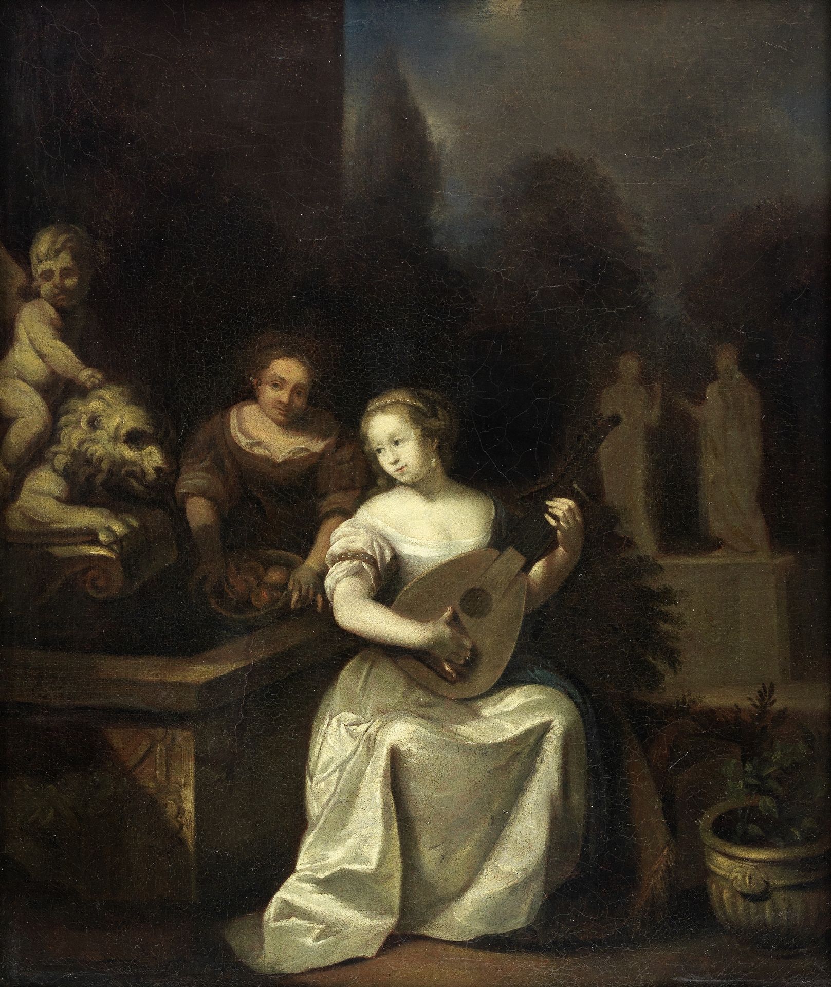 After Caspar Netscher, late 17th Century A lady playing a lute with her companion in a park lands...