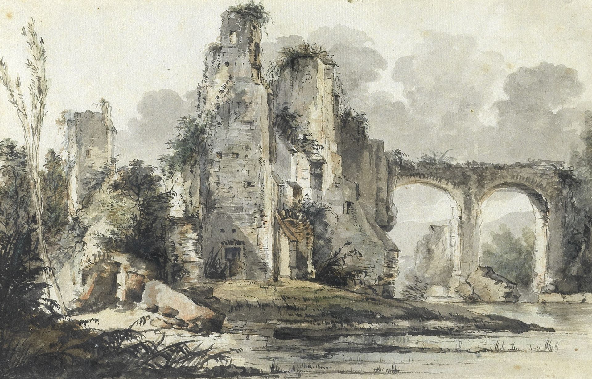 Louis Gabriel Moreau (Paris 1740-1806) A river landscape with ruins by an aqueduct