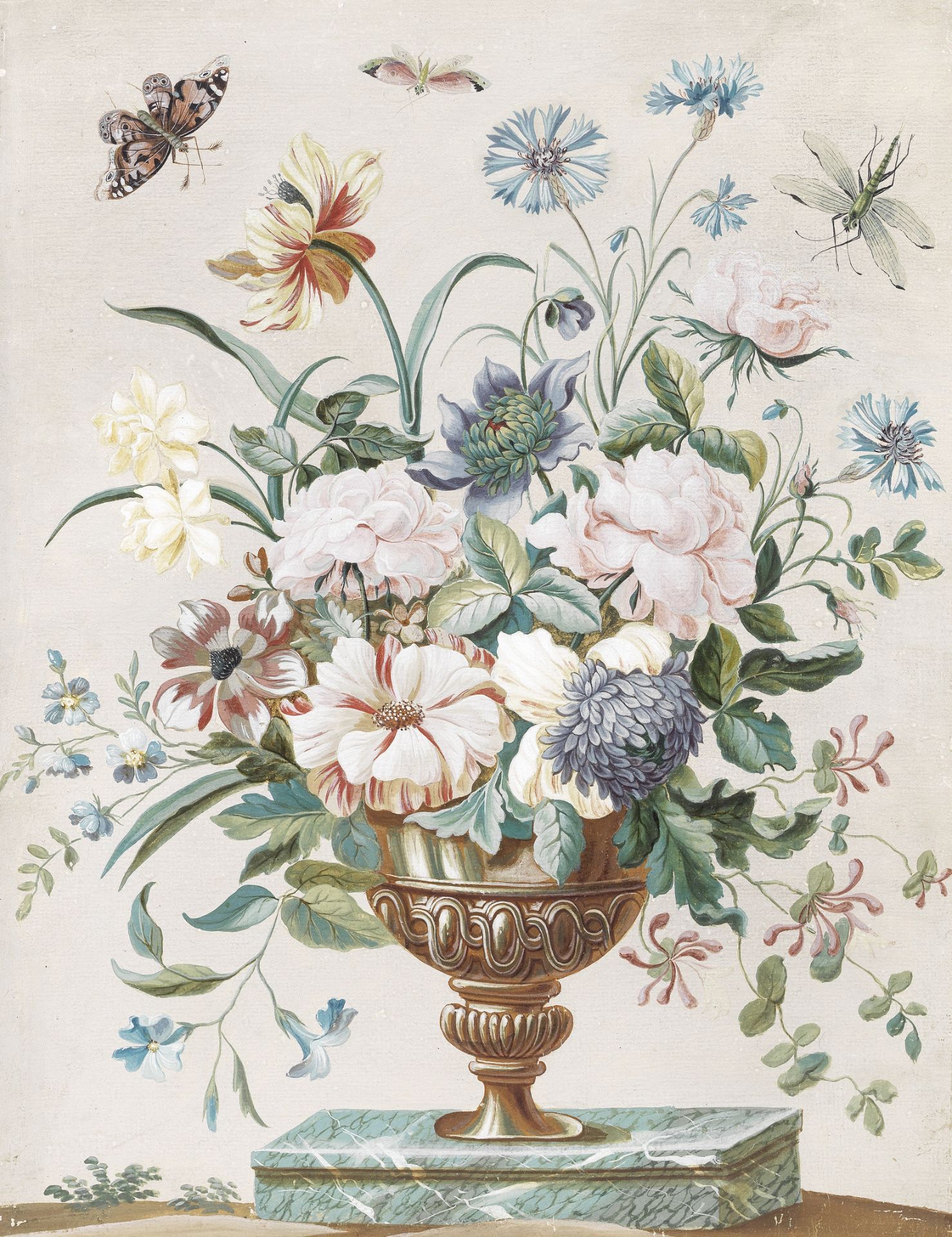 * Macret (active France, 1742) Still life of flowers in a bronze vase with insects