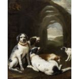 Genoese School, 17th Century Three setters with a hound and a cat before a rocky landscape unframed
