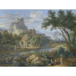 Bernard Lens III (London 1682-1740) An Italianate landscape with figures on a track by a river an...