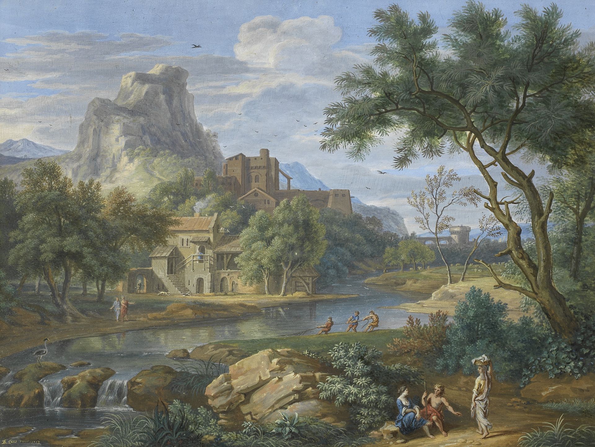 Bernard Lens III (London 1682-1740) An Italianate landscape with figures on a track by a river an...