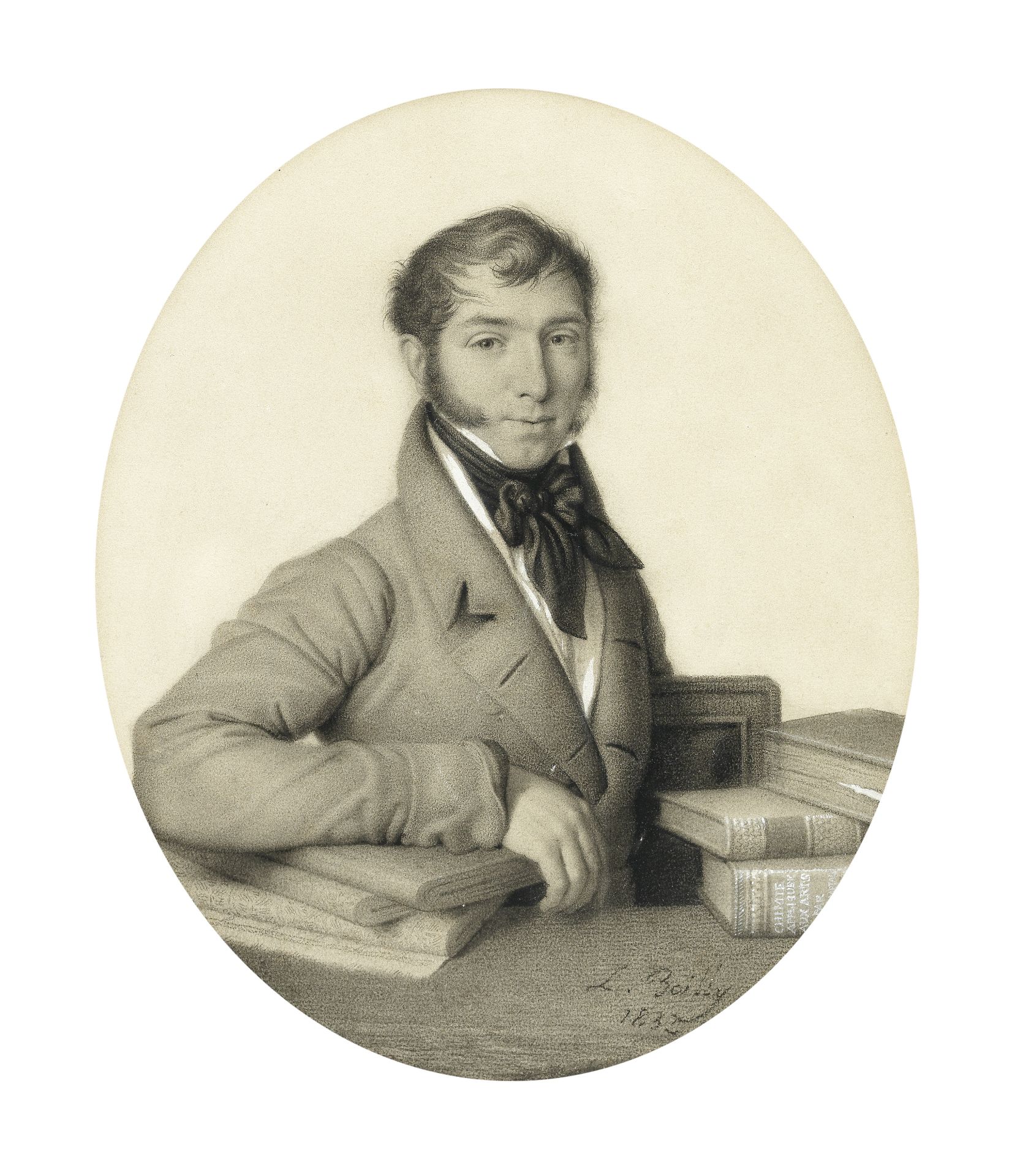 French School, 19th Century Portrait of a gentleman, half-length, seated with books