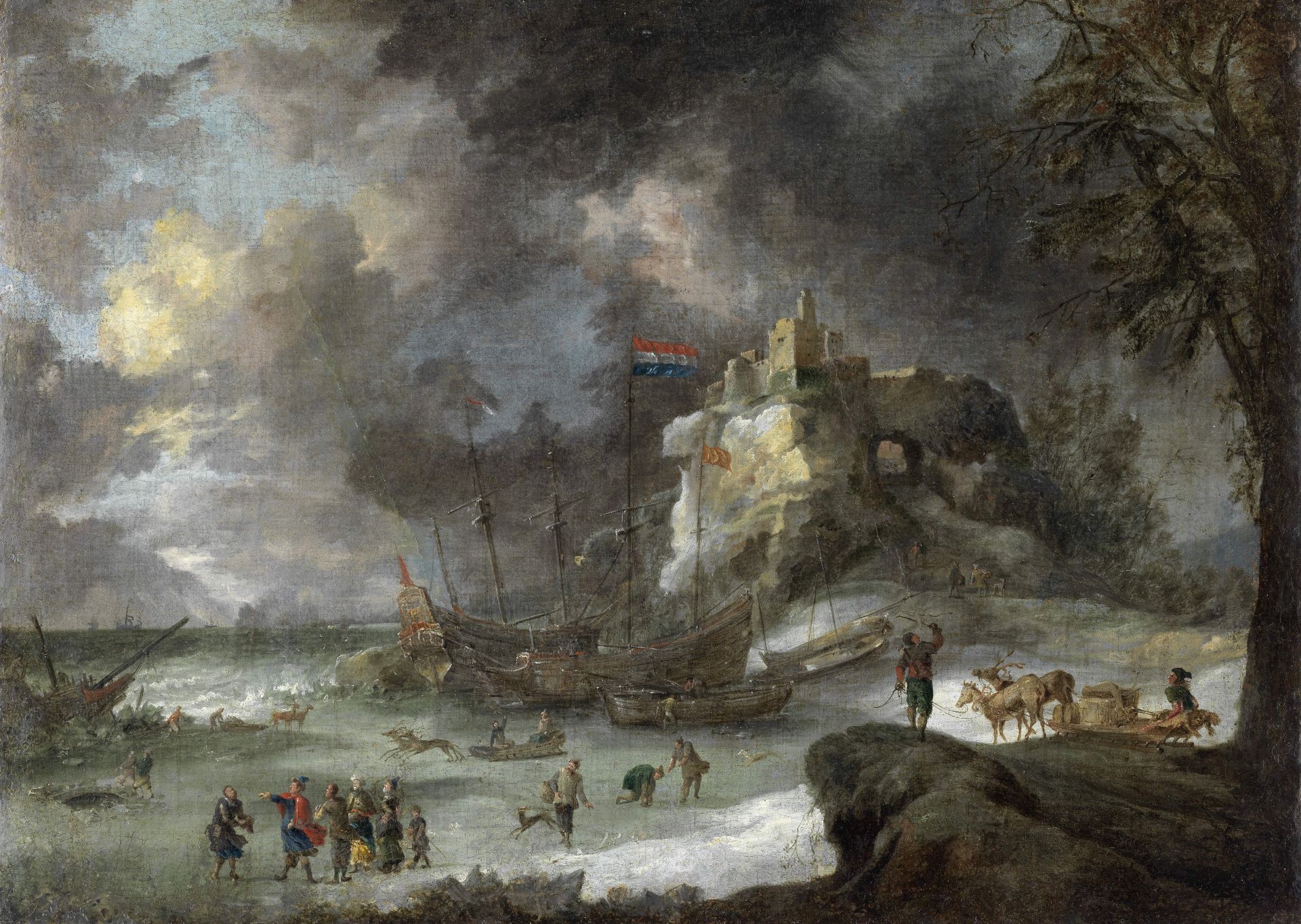 Jan Peeters (Antwerp 1624-1677) A winter coastal landscape with figures on sledges