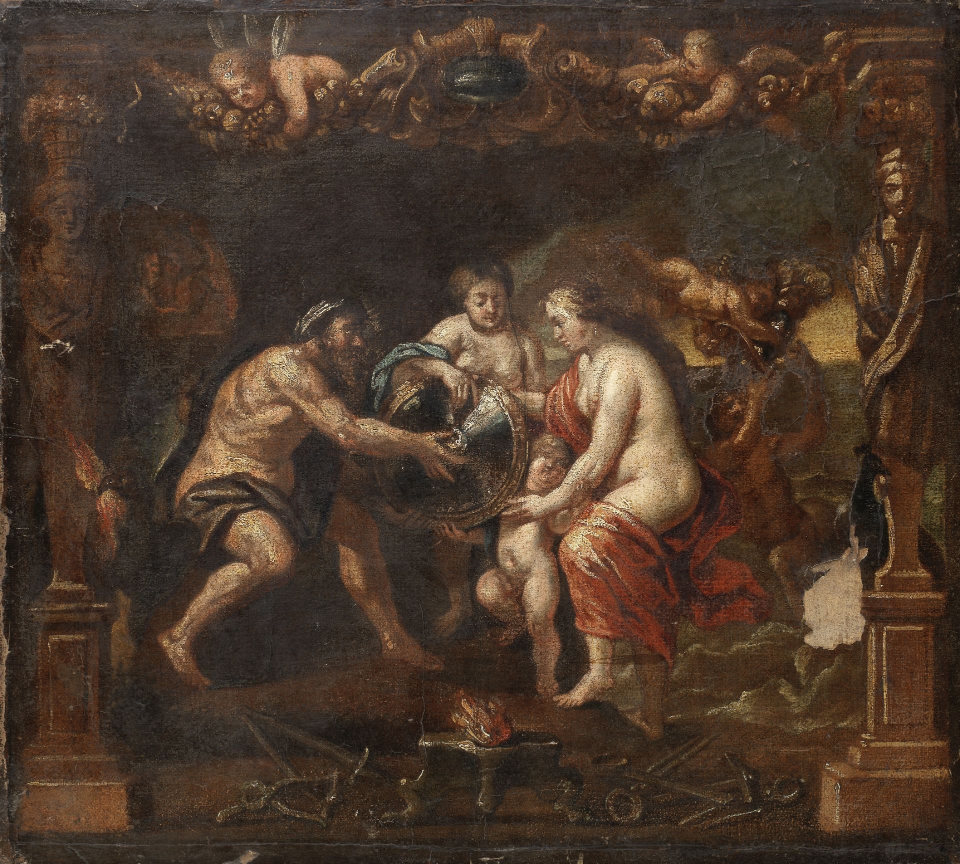 Manner of Sir Peter Paul Rubens, 18th Century Thetis receiving the arms of Achilles from Vulcan ...