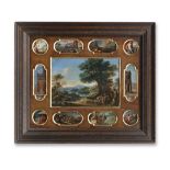 Roman School, 18th Century An extensive river landscape with figures on a path (framed as one wit...