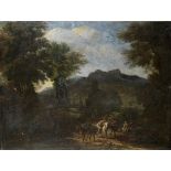 Circle of Jakob de Heusch (Utrecht 1657-1701 Amsterdam) A mountainous landscape with travellers o...