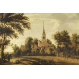 Dutch School, 17th century A wooded landscape with figures before a church