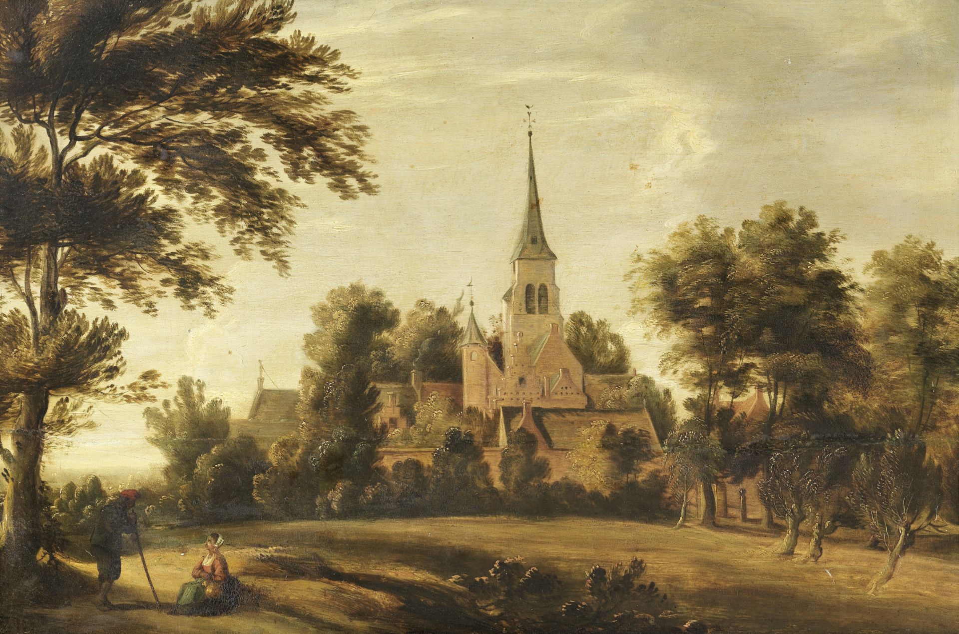 Dutch School, 17th century A wooded landscape with figures before a church