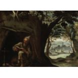 Flemish School, 17th Century A hermit seated before a cave, a landscape beyond
