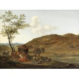 Gerrit Adriaensz. Berckheyde (Haarlem 1638-1698) Peasants resting with their animals in an Italia...