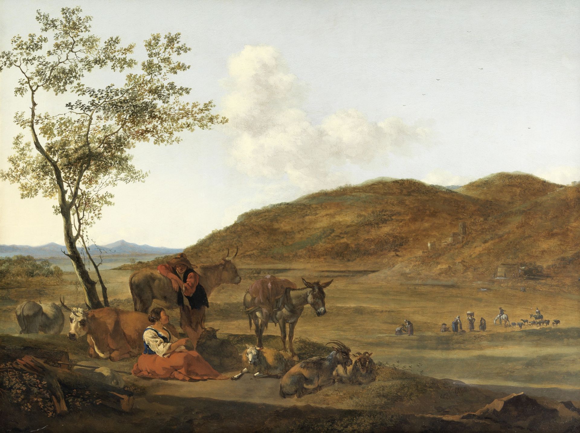 Gerrit Adriaensz. Berckheyde (Haarlem 1638-1698) Peasants resting with their animals in an Italia...