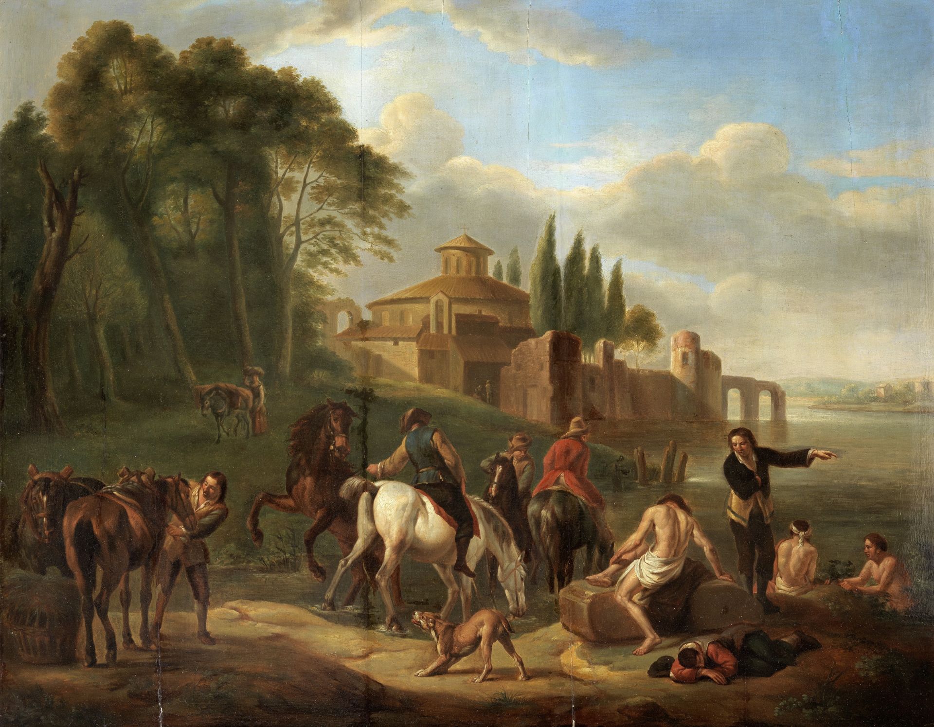 Manner of Philips Wouwerman, 18th Century Figures bathing before a town