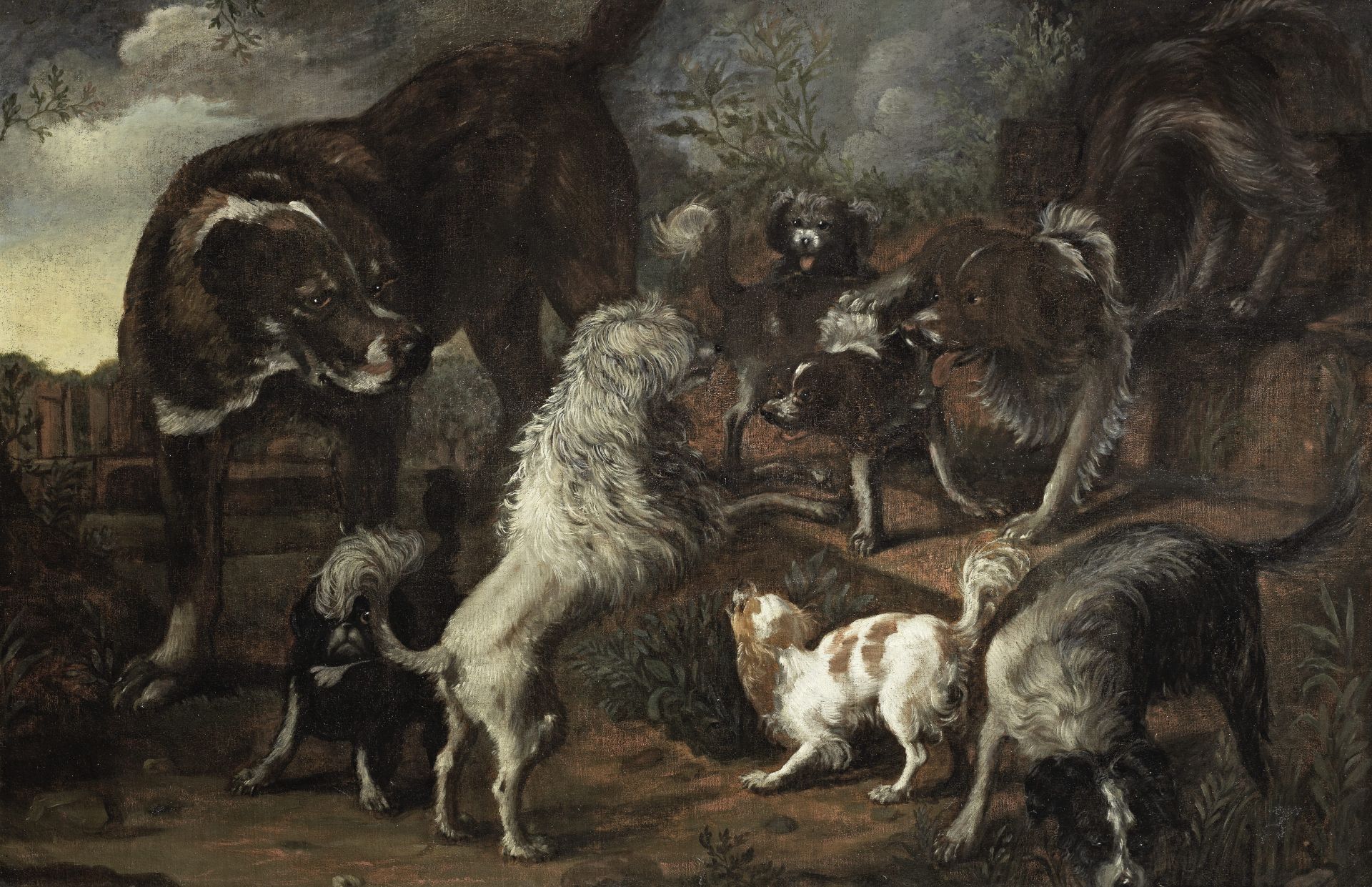 Attributed to Jacques Grief de Claeuw (Dordrecht 1620-circa 1676 ?) Spaniels and other dogs in a ...