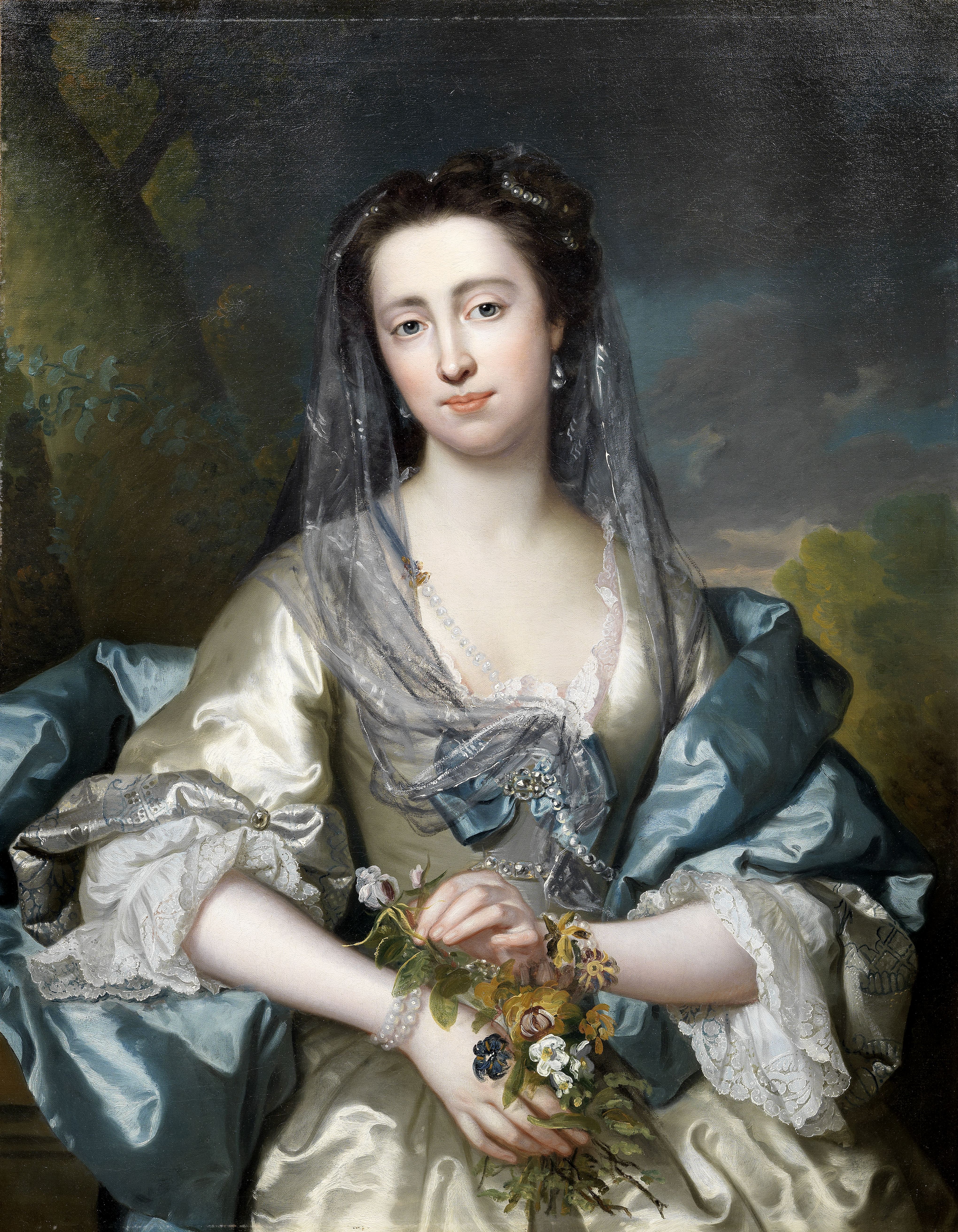 Frans van der Myn (Dusseldorf 1719-1783 London) Portrait of a lady, three-quarter-length, in a gr...