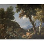 Attributed to Marco Ricci (Belluno 1676-1729 Venice) A wooded river landscape with herders and th...