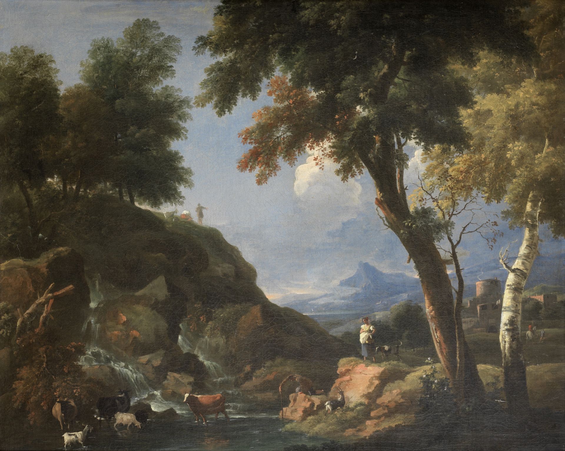 Attributed to Marco Ricci (Belluno 1676-1729 Venice) A wooded river landscape with herders and th...