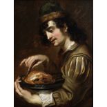 Jan Cossiers (Antwerp 1600-1671) A man holding a pewter charger with a chicken