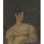 English school, early 19th century Half length portrait of a lady in white silk dress oil on canv...