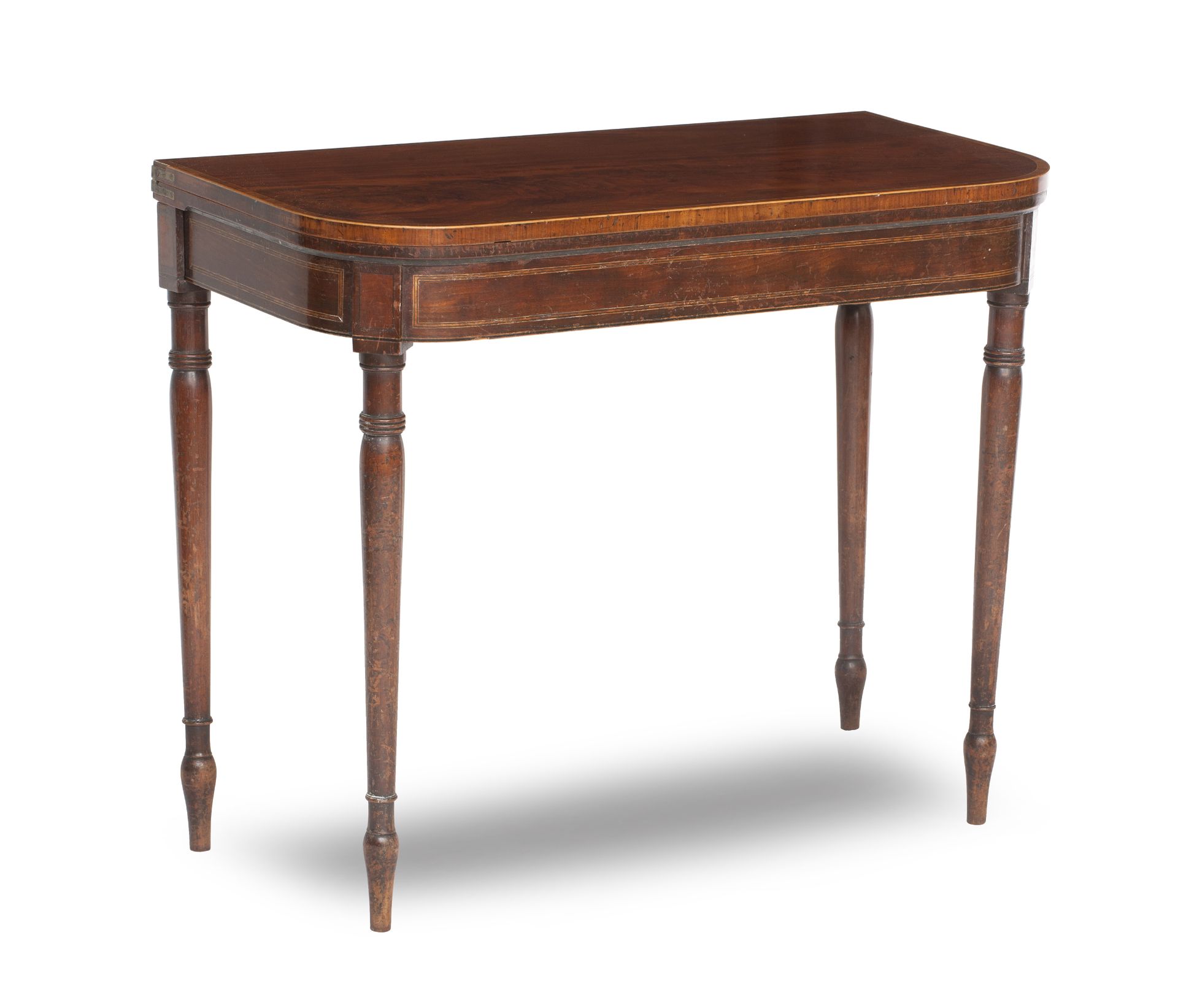 A George III mahogany and tulip wood banded D- shaped card table