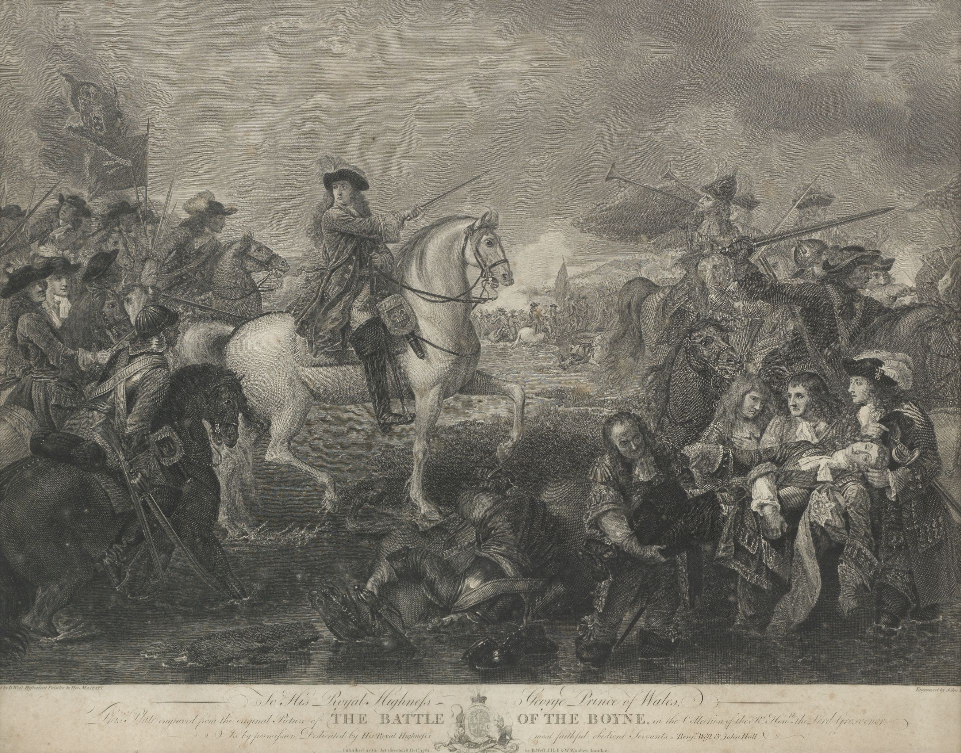 After Benjamin West A group of three engravings depicting The Battle of the Boyne, Oliver Cromwel...