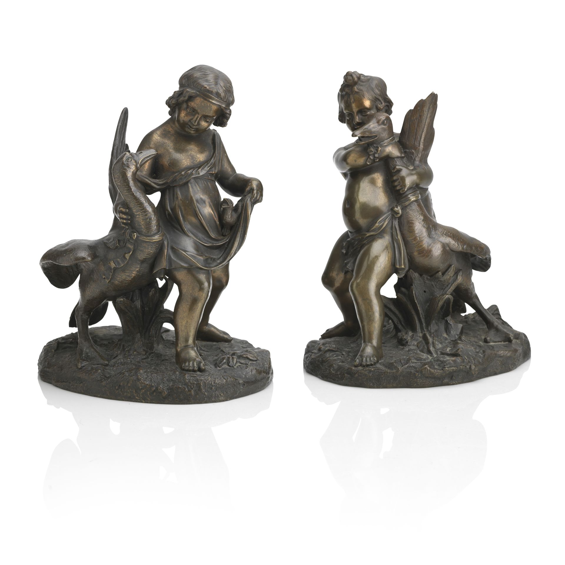 A pair of bronze groups of children playing with geese (2)