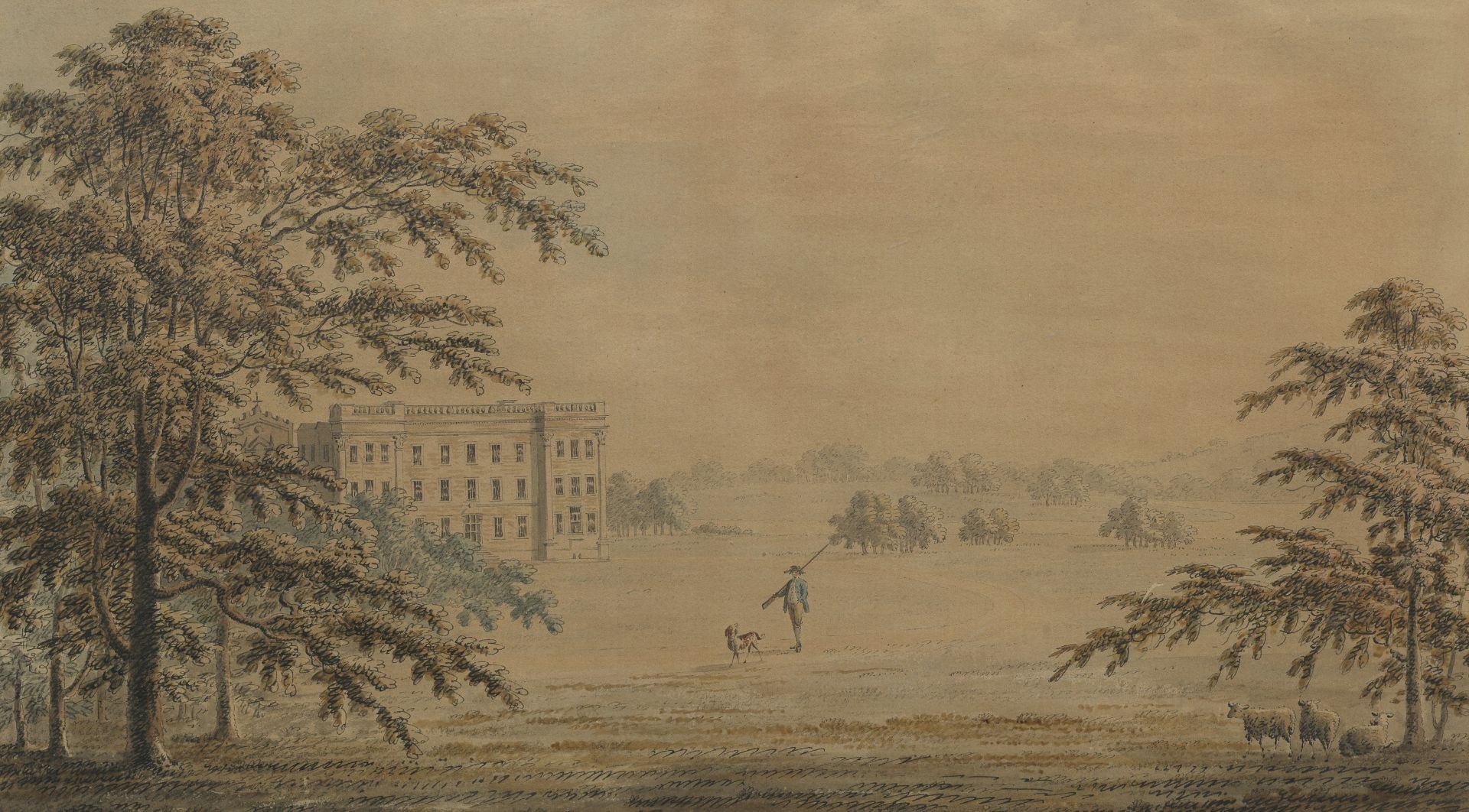 English School (late 18th century) Trentham with sportsman and dog in grounds