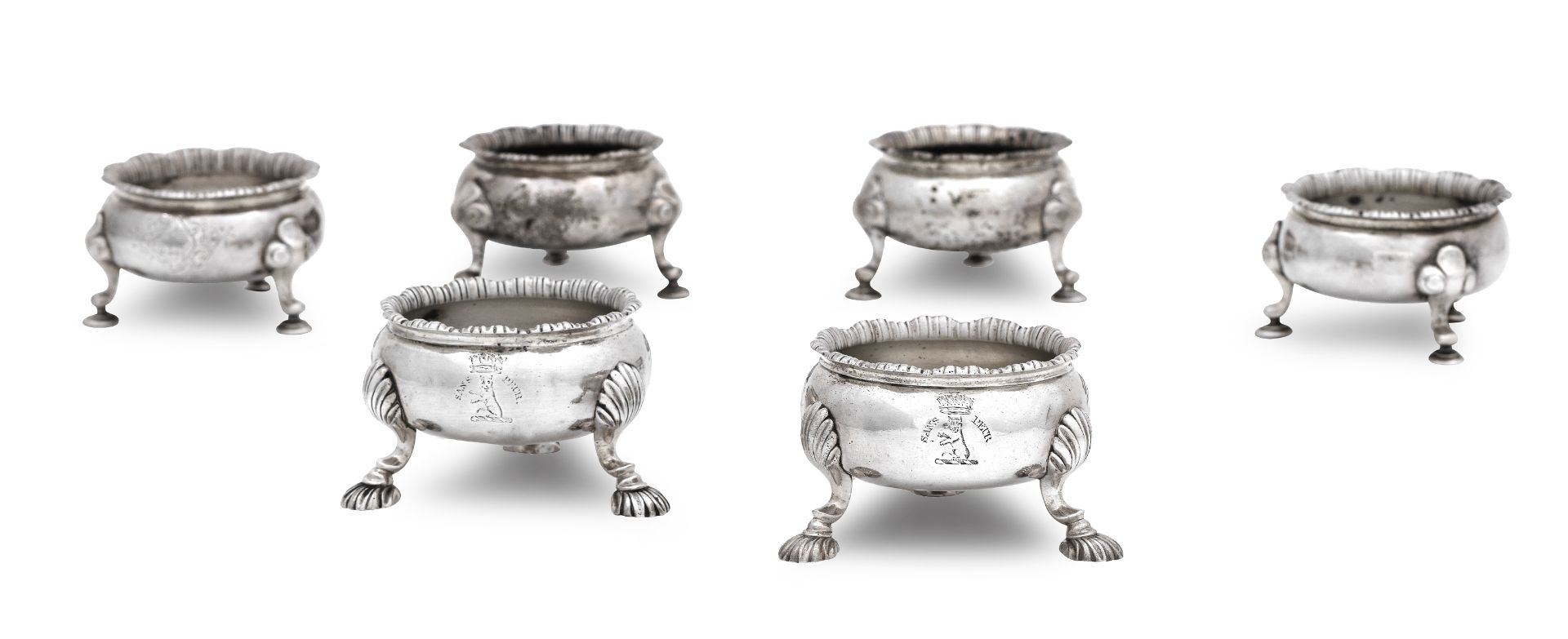 A matched set of four George II silver cauldron salts two by Richard Parteger, London 1738, two L...