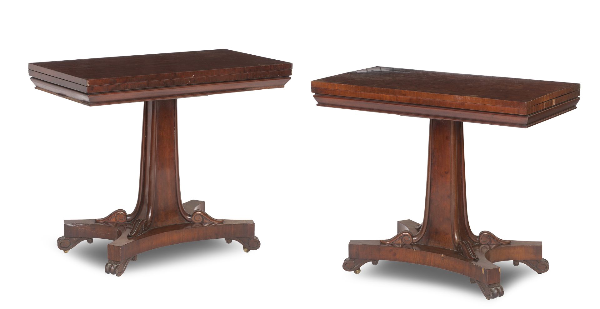 A pair of early Victorian mahogany and plum pudding mahogany card and tea tables (2)