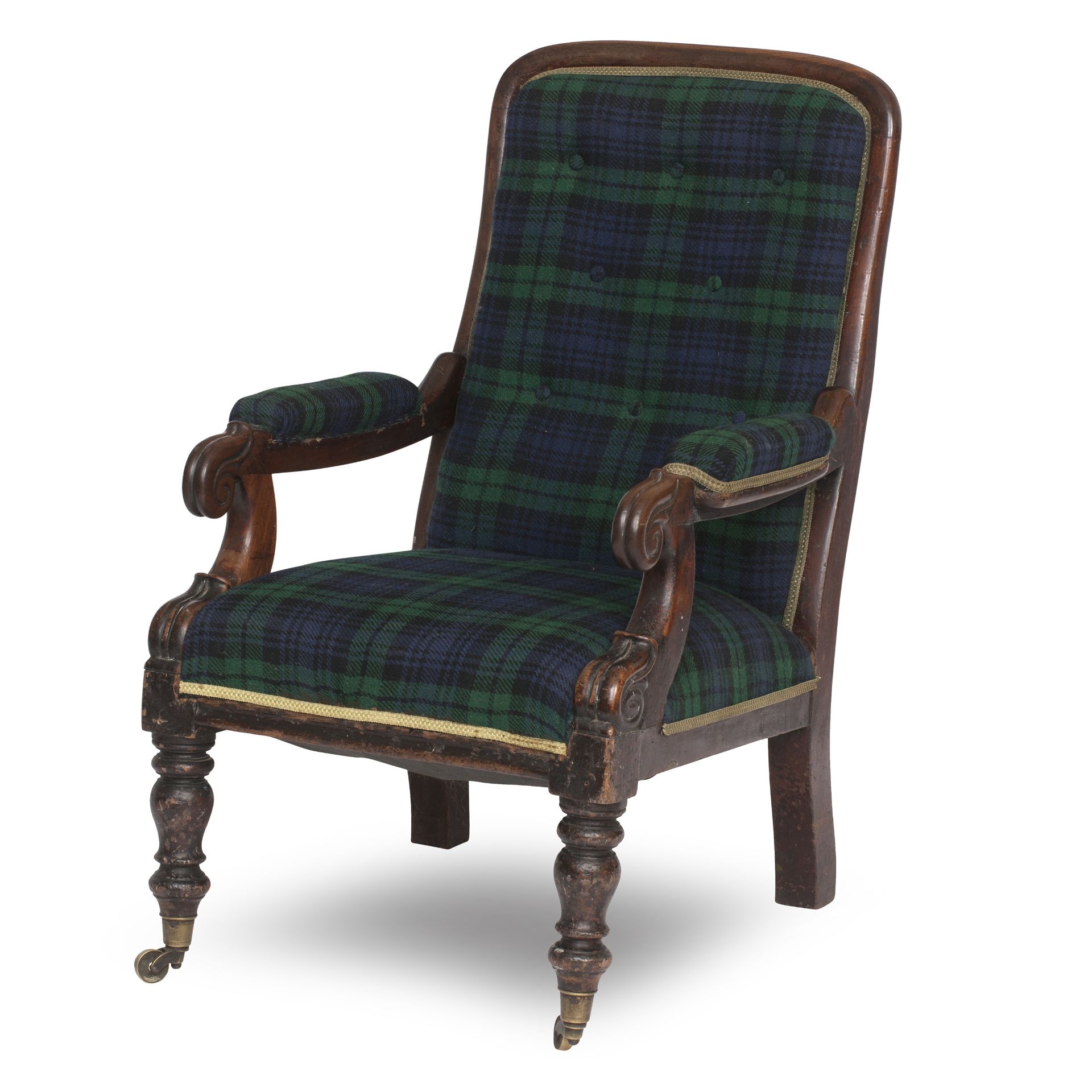 An early Victorian mahogany and tartan upholstered armchair