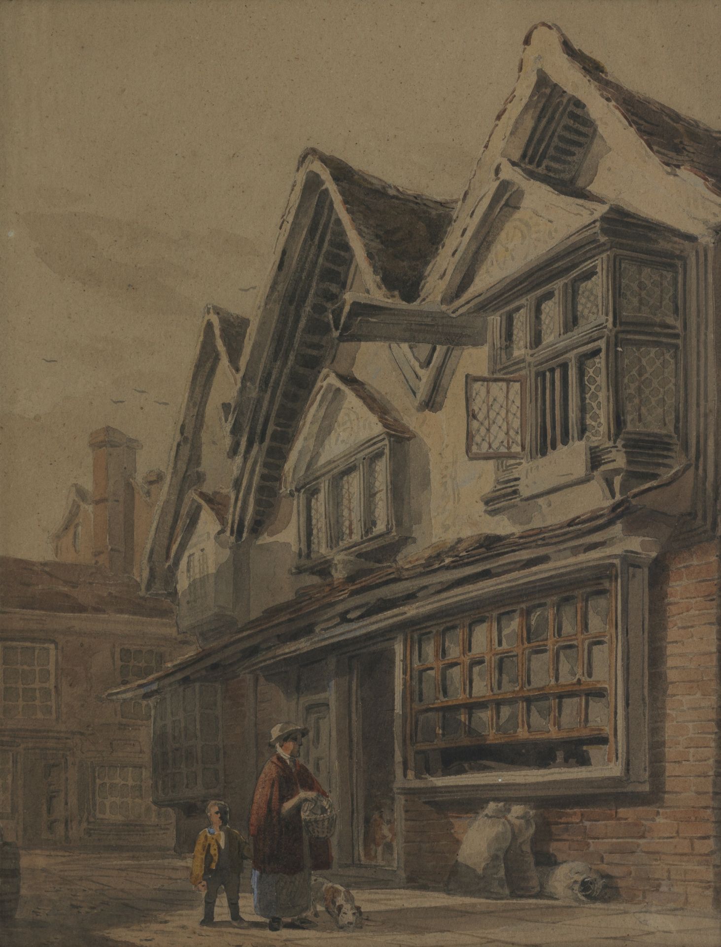 English School (19th Century) Study of timber framed house and figures