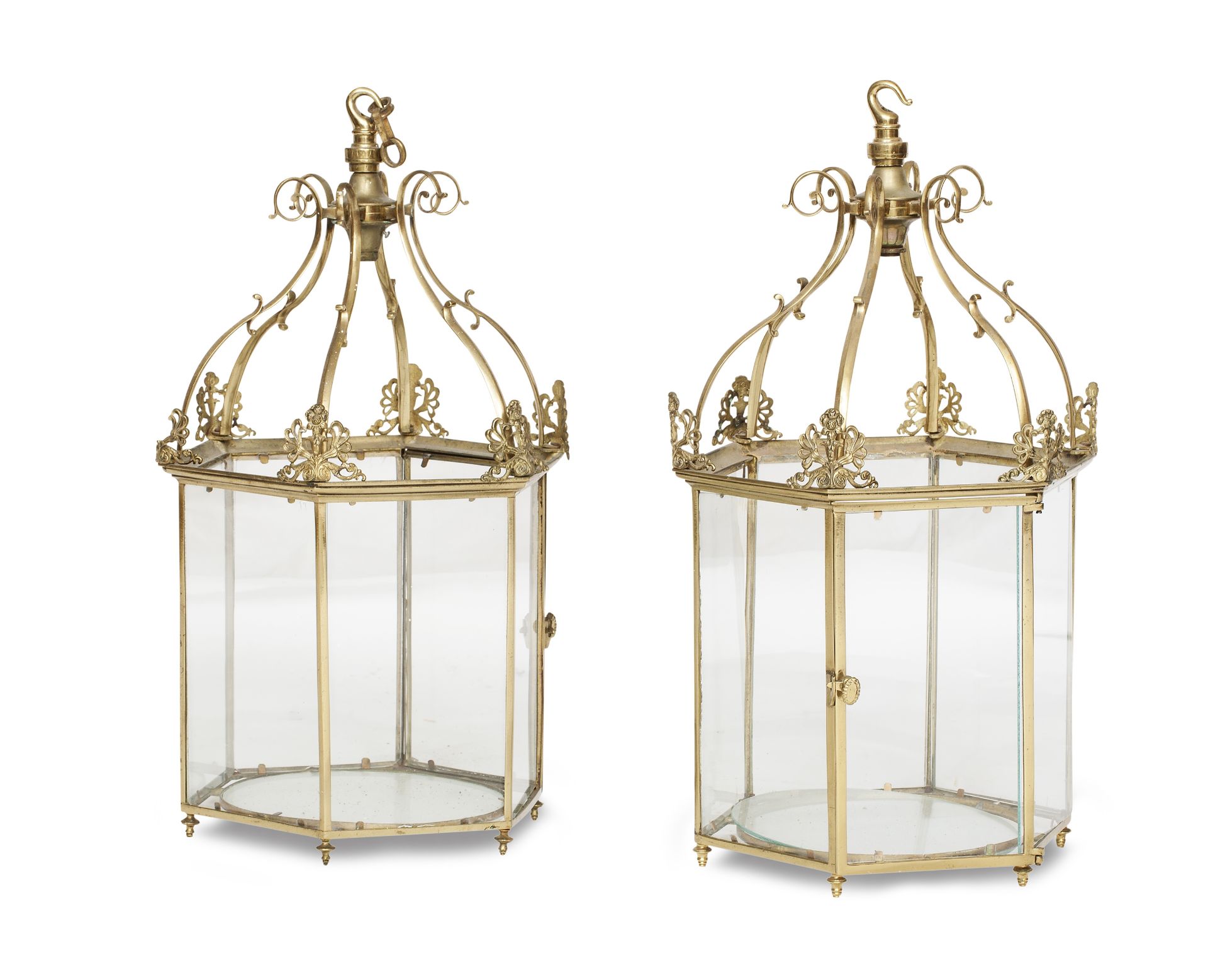 A pair of gilt brass hexagonal hall lanterns (2)