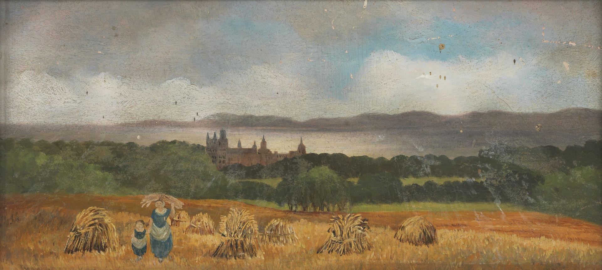 Scottish School (Early 19th Century) View of Dunrobin, with harvesters in foreground
