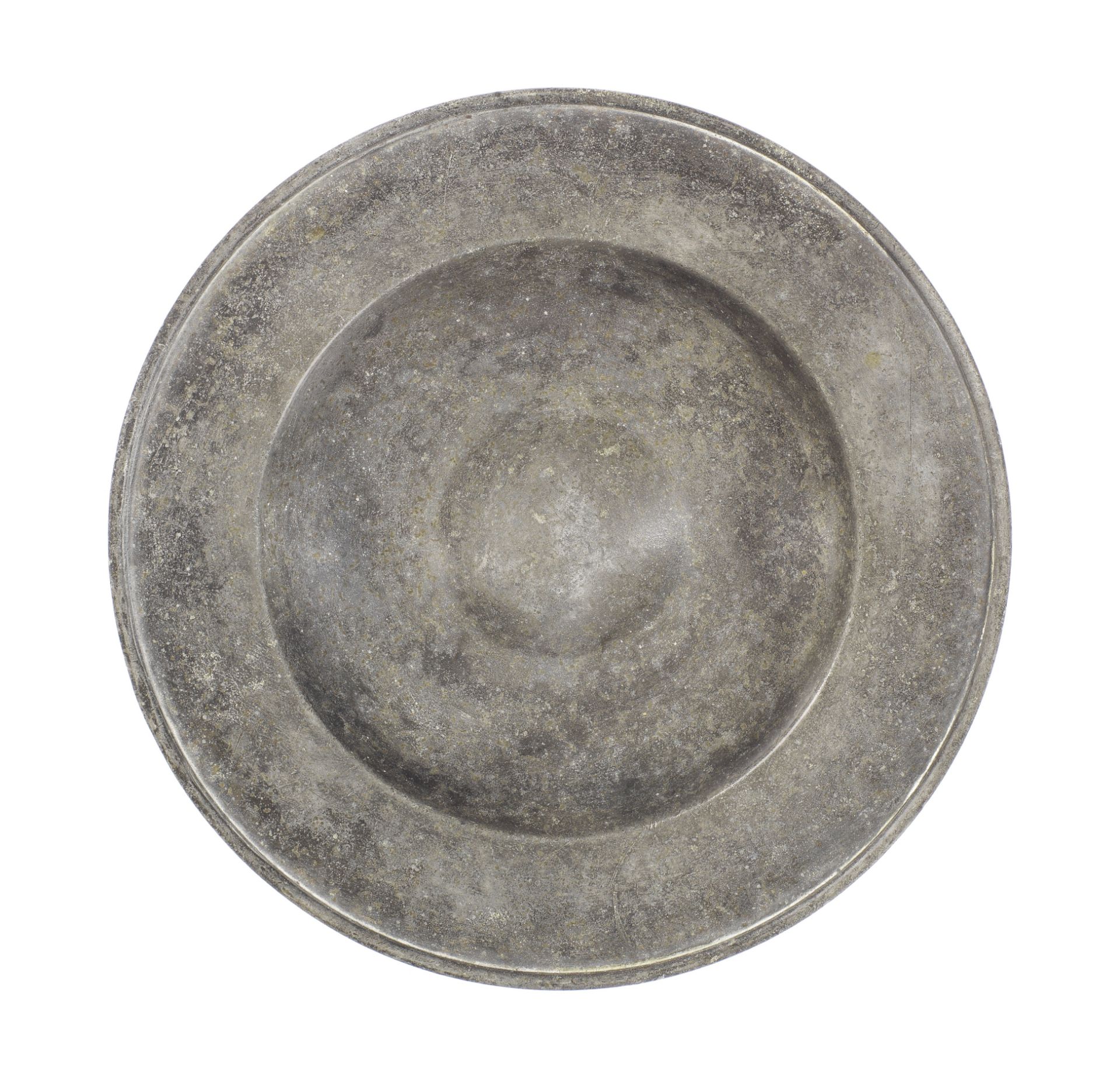 A good pewter bossed saucer, circa 1600