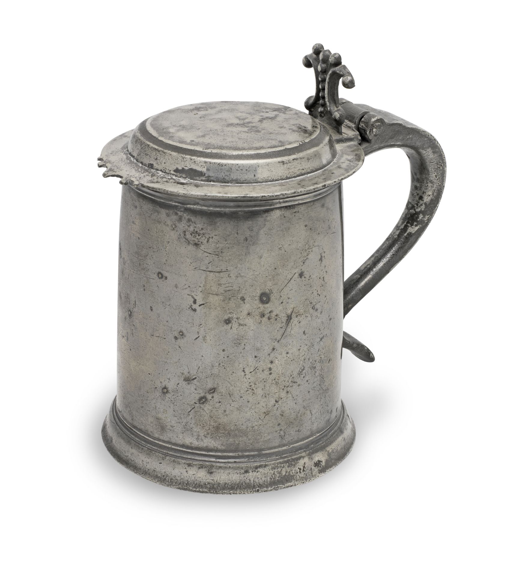 A Charles II pewter OEAS quart flat-lid tankard, probably Wigan, circa 1680