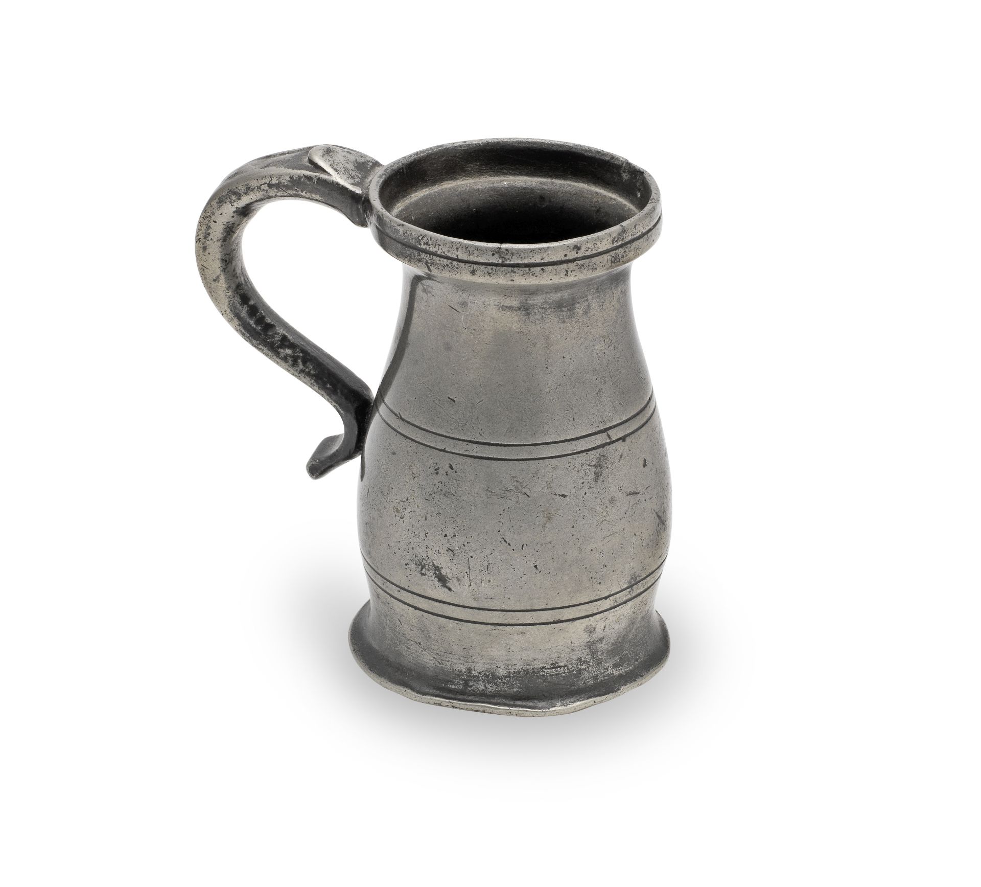 A George III pewter OEWS gill lidless baluster measure, Wigan, circa 1800