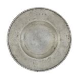 A rare and documented Charles II pewter broad rim and reeded-edge plate, circa 1660
