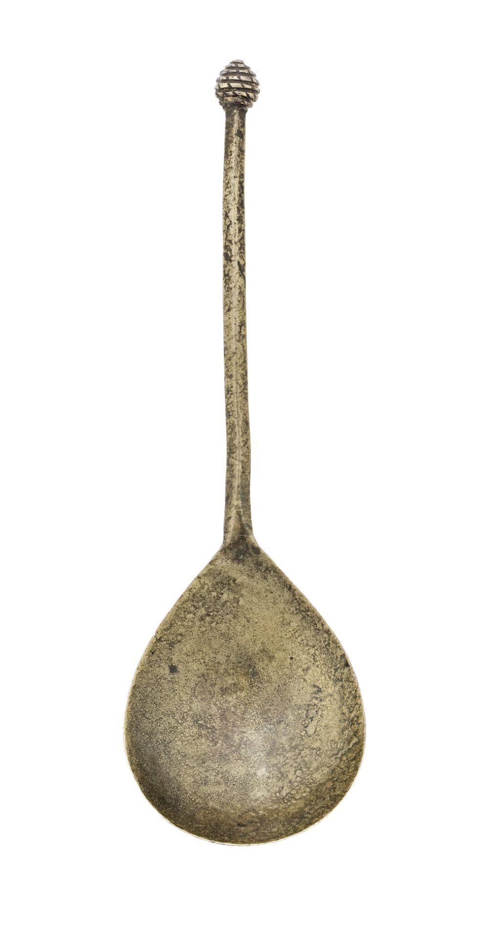 A rare and documented latten beehive knop spoon, circa 1450